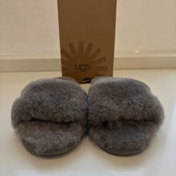 UGG Fluff Slide Sheepskin Slippers Sandals Slip-On Grey Size 6 NEW