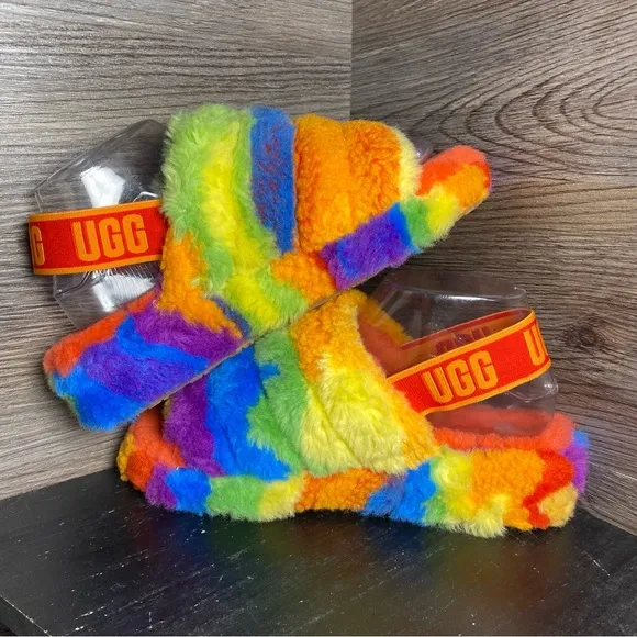 Ugg fluff yeah slide cali collage rainbow multicolor slippers sandals