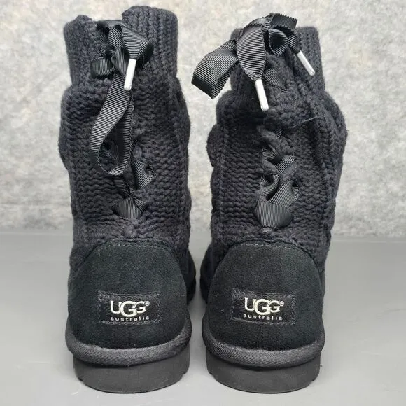 UGG Heather Black Cable Knit Lace Up Isla‎ Boots Women's 6