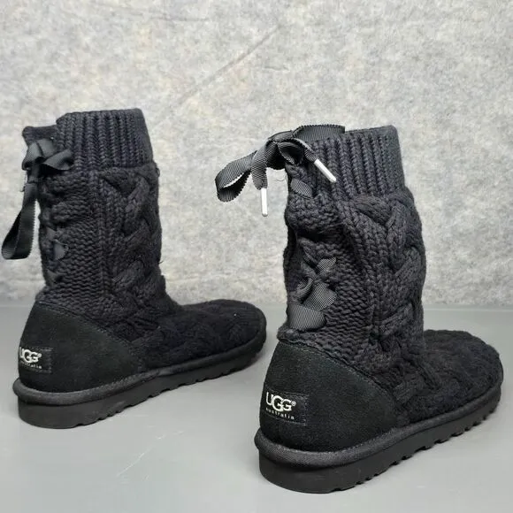 UGG Heather Black Cable Knit Lace Up Isla‎ Boots Women's 6