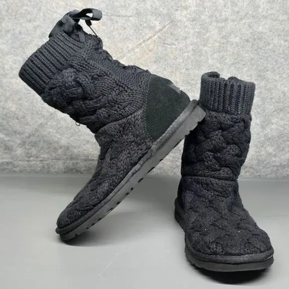 UGG Heather Black Cable Knit Lace Up Isla‎ Boots Women's 6