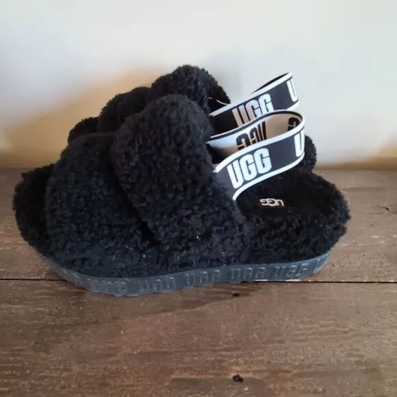 UGG OH FLUFFITA BLACK SHEEPSKIN SLIPPER SLIDE SANDALS 1120876 Size 8