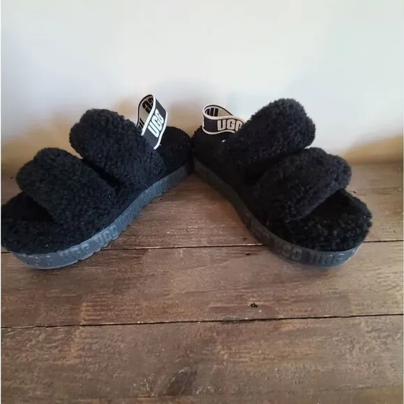 UGG OH FLUFFITA BLACK SHEEPSKIN SLIPPER SLIDE SANDALS 1120876 Size 8