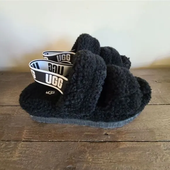 UGG OH FLUFFITA BLACK SHEEPSKIN SLIPPER SLIDE SANDALS 1120876 Size 8