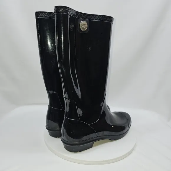 UGG Womens Shaye Rain Tall Boots Glossy Black Size 9 Waterproof Sheepskin Insole