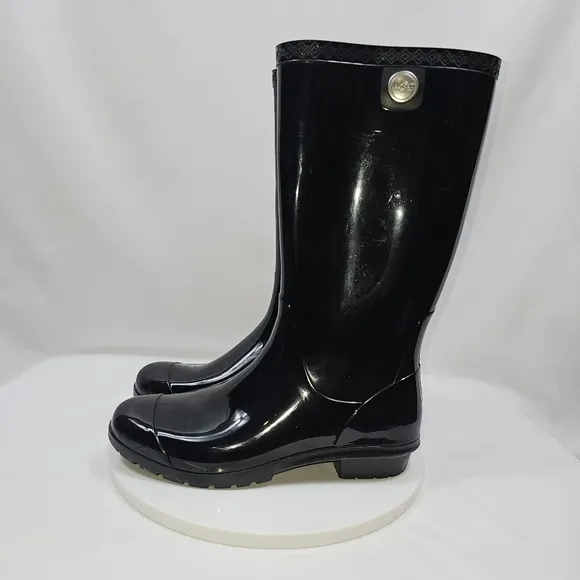 UGG Womens Shaye Rain Tall Boots Glossy Black Size 9 Waterproof Sheepskin Insole