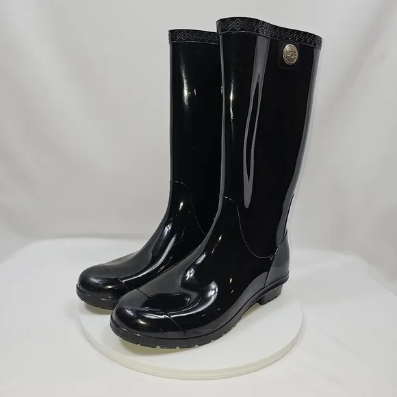 UGG Womens Shaye Rain Tall Boots Glossy Black Size 9 Waterproof Sheepskin Insole