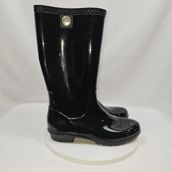 UGG Womens Shaye Rain Tall Boots Glossy Black Size 9 Waterproof Sheepskin Insole