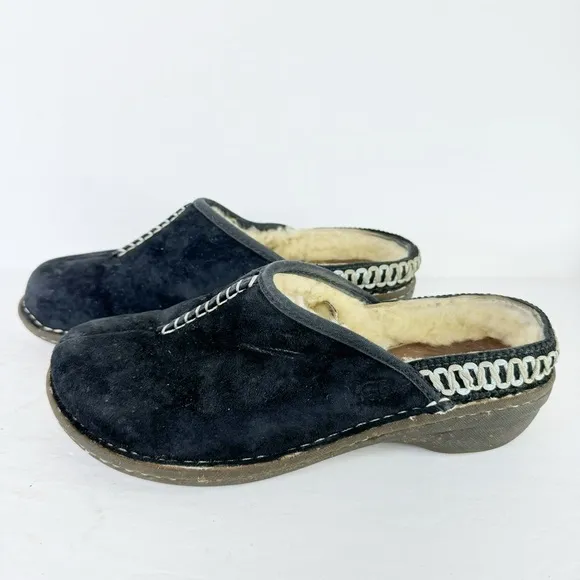 UGG Womens Slides Mules Shoes Black Suede Leather Slip On Shearling Lined Sz 7