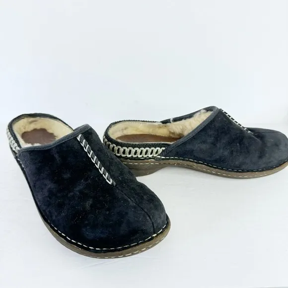 UGG Womens Slides Mules Shoes Black Suede Leather Slip On Shearling Lined Sz 7