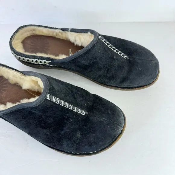 UGG Womens Slides Mules Shoes Black Suede Leather Slip On Shearling Lined Sz 7