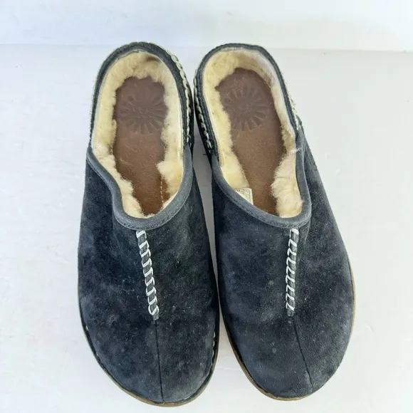 UGG Womens Slides Mules Shoes Black Suede Leather Slip On Shearling Lined Sz 7