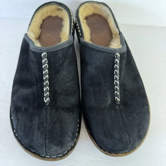 UGG Womens Slides Mules Shoes Black Suede Leather Slip On Shearling Lined Sz 7