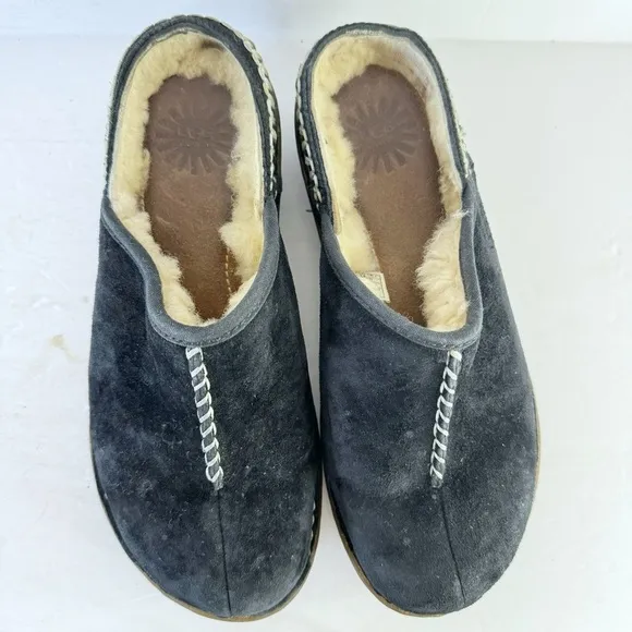 UGG Womens Slides Mules Shoes Black Suede Leather Slip On Shearling Lined Sz 7