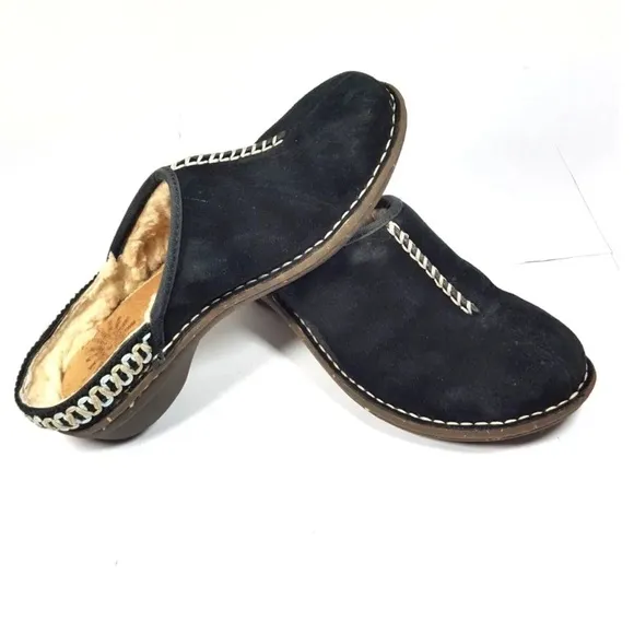 UGG Womens Slides Mules Shoes Black Suede Leather Slip On Shearling Lined Sz 7