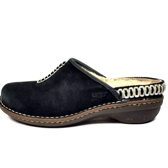 UGG Womens Slides Mules Shoes Black Suede Leather Slip On Shearling Lined Sz 7