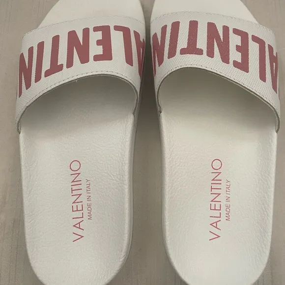 VALENTINO BY MARIO “IRENE” White/Pink Leather Logo Slide Sandals Women’s Size 10