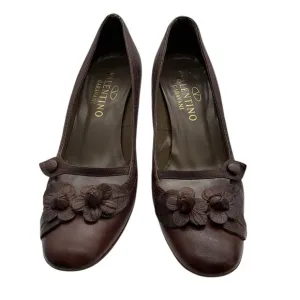 Valentino Garavani Brown Mary Jane Leather Pumps 37.5 US/7.5 kitty heel