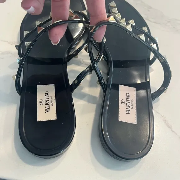 Valentino Garavani Rockstud T-Strap Slide Sandals, Size 41
