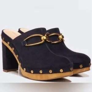 Veronica Beard Clog in Navy Gold Suede Leather Platform NWT