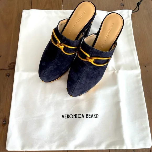 Veronica Beard Clog in Navy Gold Suede Leather Platform NWT