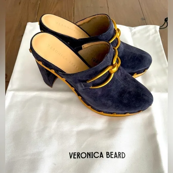 Veronica Beard Clog in Navy Gold Suede Leather Platform NWT