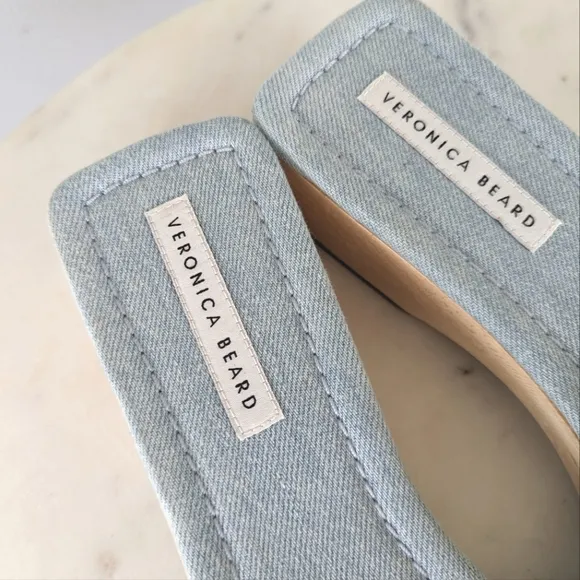 Veronica Beard Davina Denim Wooden Clog Slide Sandals