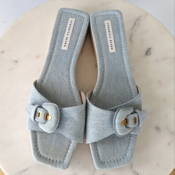Veronica Beard Davina Denim Wooden Clog Slide Sandals