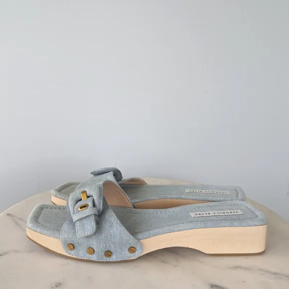 Veronica Beard Davina Denim Wooden Clog Slide Sandals