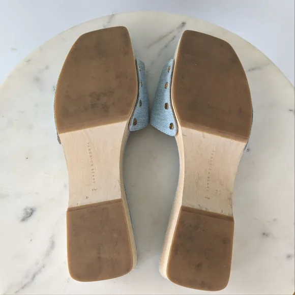 Veronica Beard Davina Denim Wooden Clog Slide Sandals