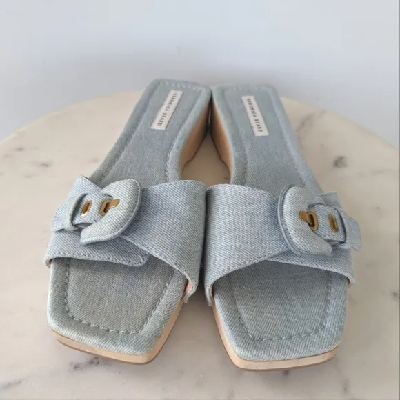 Veronica Beard Davina Denim Wooden Clog Slide Sandals