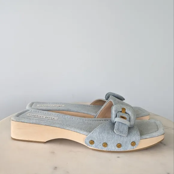 Veronica Beard Davina Denim Wooden Clog Slide Sandals