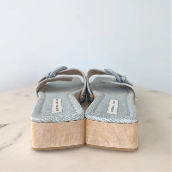 Veronica Beard Davina Denim Wooden Clog Slide Sandals
