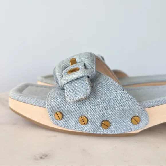 Veronica Beard Davina Denim Wooden Clog Slide Sandals