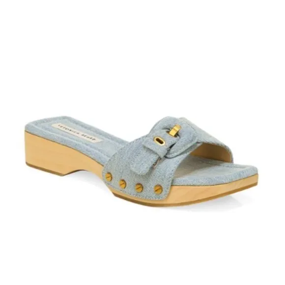 Veronica Beard Davina Denim Wooden Clog Slide Sandals