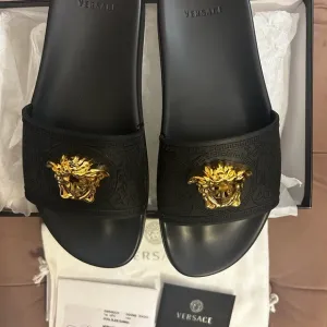 Versace Black and Gold Slide Sandals with Medusa Logo