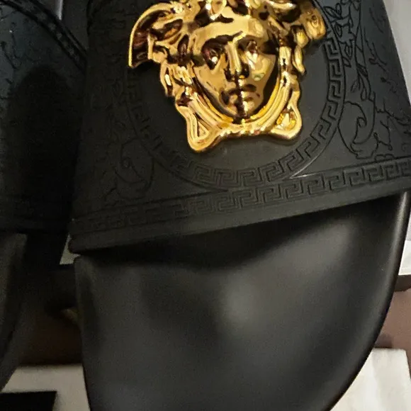 Versace Black and Gold Slide Sandals with Medusa Logo