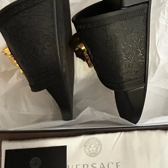 Versace Black and Gold Slide Sandals with Medusa Logo