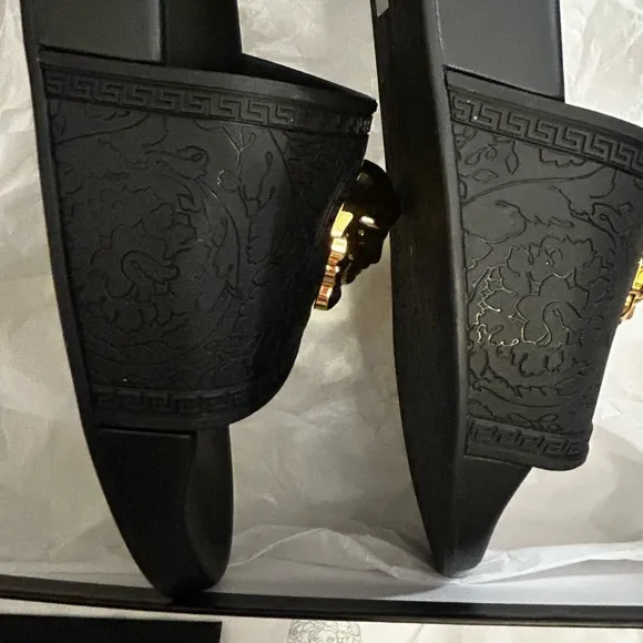 Versace Black and Gold Slide Sandals with Medusa Logo