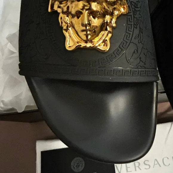 Versace Black and Gold Slide Sandals with Medusa Logo