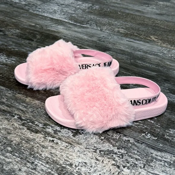 Versace Jeans Couture Shelly Faux Fur Slides Women’s Size 38 Pink Slingback NEW