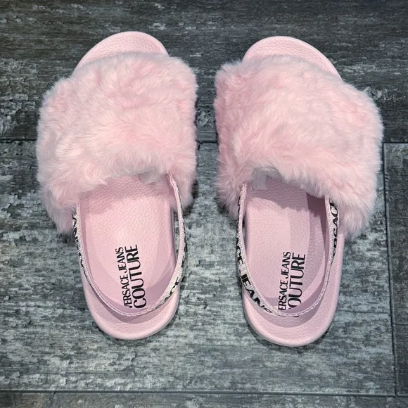 Versace Jeans Couture Shelly Faux Fur Slides Women’s Size 38 Pink Slingback NEW