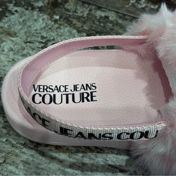 Versace Jeans Couture Shelly Faux Fur Slides Women’s Size 38 Pink Slingback NEW