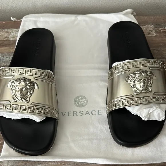 Versace Men's Black and Gold Slides