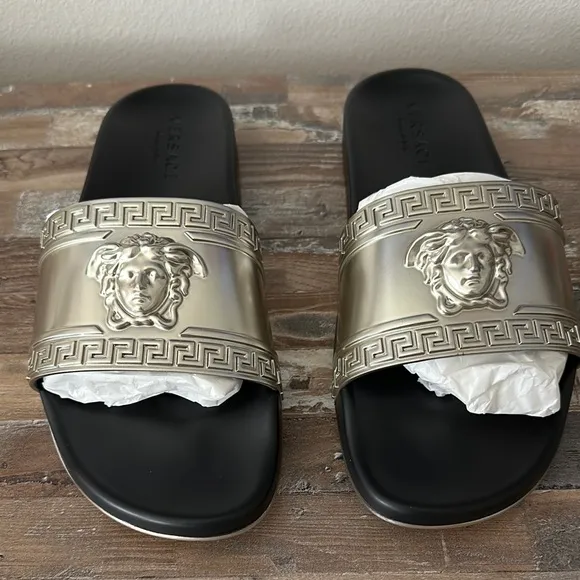 Versace Men's Black and Gold Slides