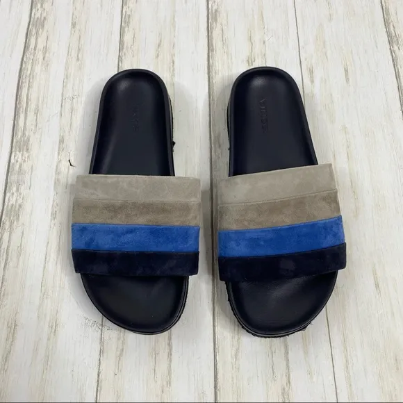 Vince Alisa Blue Gray Black Suede Slide Sandals