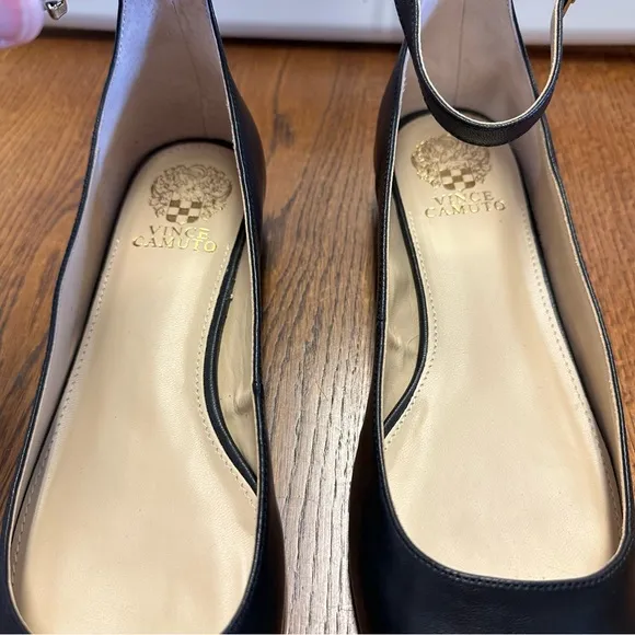 Vince Camuto Attera Black Ballet Flats with Ankle Strap Size 9 Leather Spring