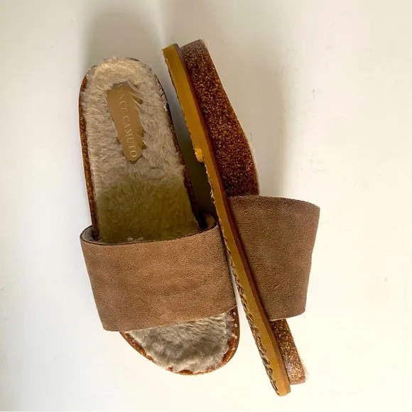 Vince Camuto Suede Kanadial Faux Fur Taupe Slides - Size 8 NWOB