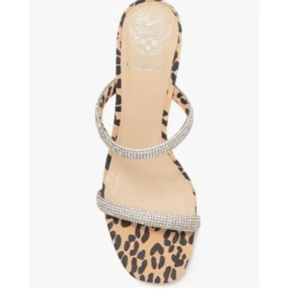 Vince Camuto Womens Leather Black Leopard Crystal Embellished Sandals Sz 8.5 NIB