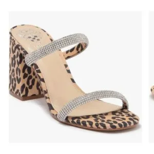 Vince Camuto Womens Leather Black Leopard Crystal Embellished Sandals Sz 8.5 NIB